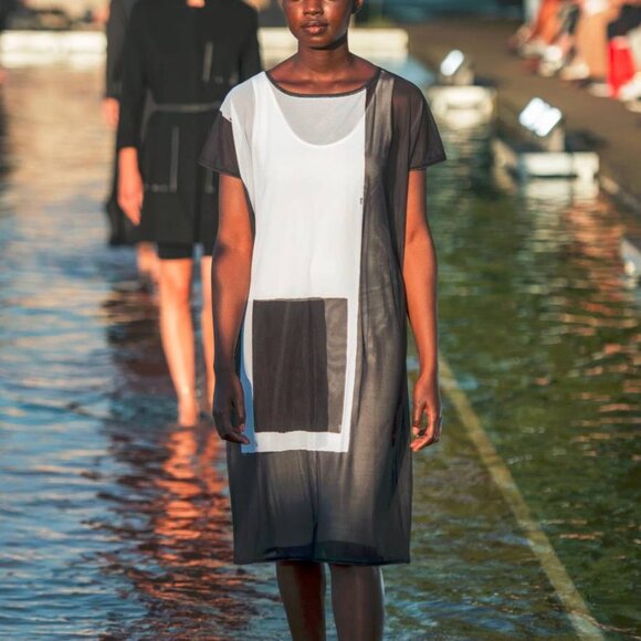 Annette Gortz SS/20 Balu Black Mesh Geometric-Print Midi Dress - Picture 1 of 13